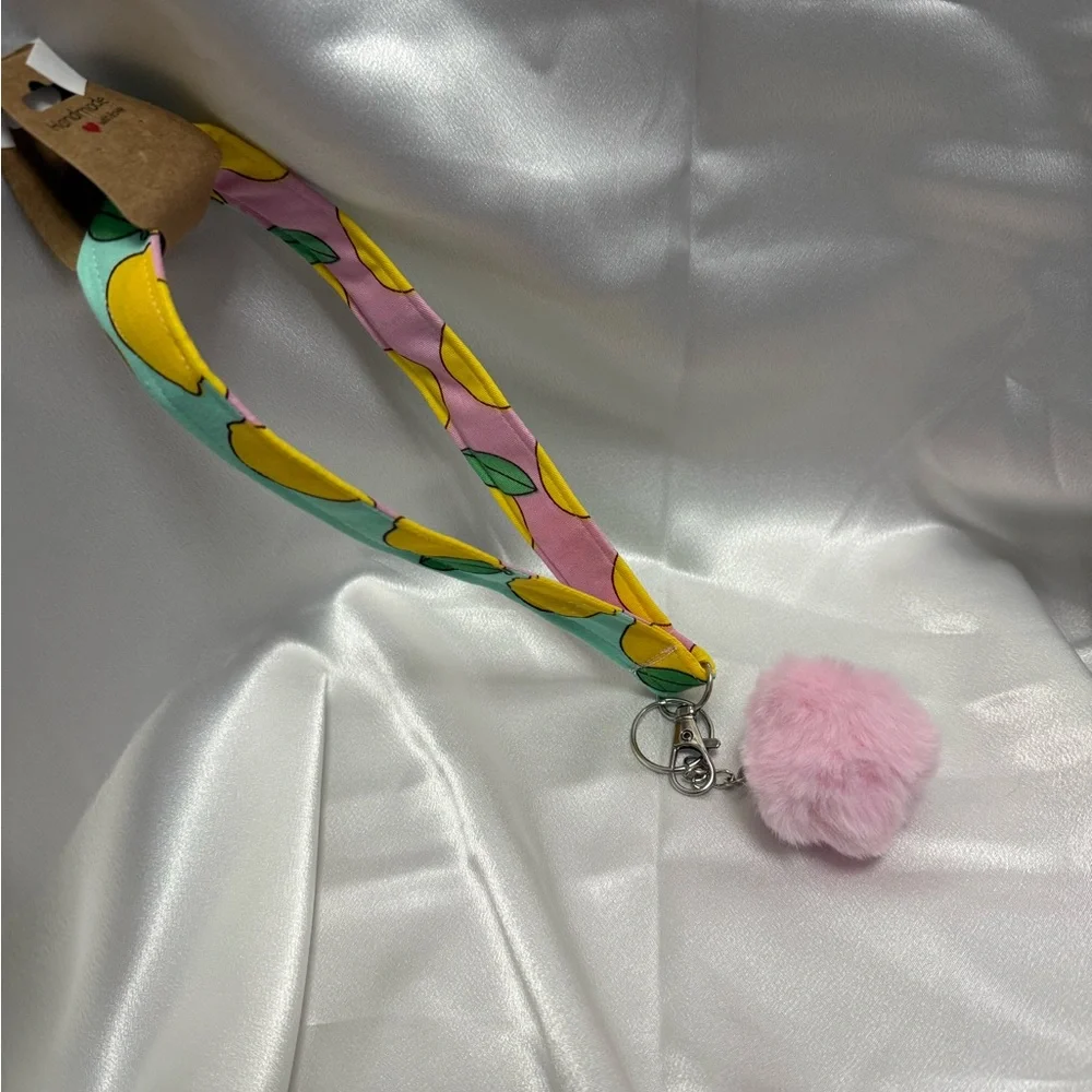 Handmade Colorful Lemon Wristlet Keychain with Light Pink Pompom